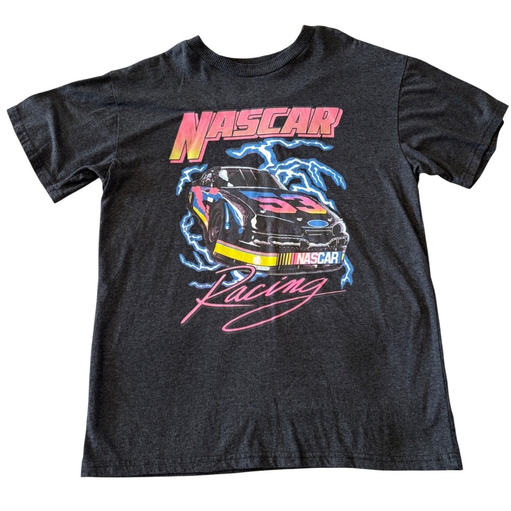 NASCAR Racing Graphic T Shirt Unisex Large Charcoal Short Sleeve Car Lightning